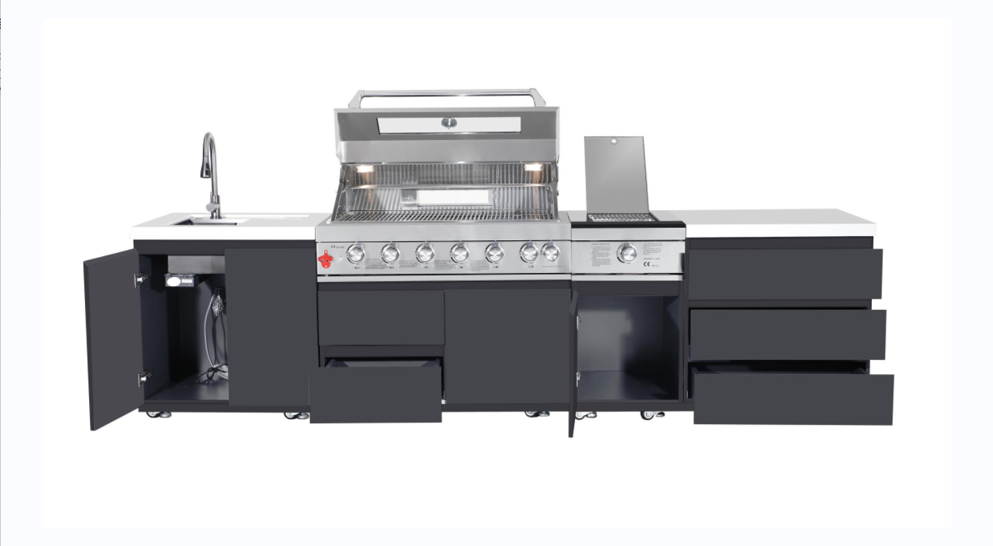 Komplette Küche – BBQ-Gasgrill + Seitengrill + Schubladenschrank + Spüle und Wasserhahn (schwarze Edelstahloptik)