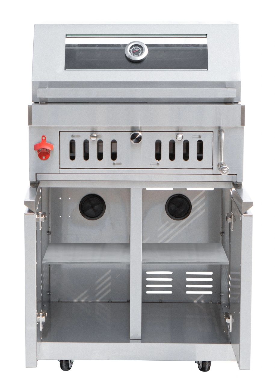 Charcoal Grill BBQ - With trolly wheels, cabinets, adjustable charcoal tray.