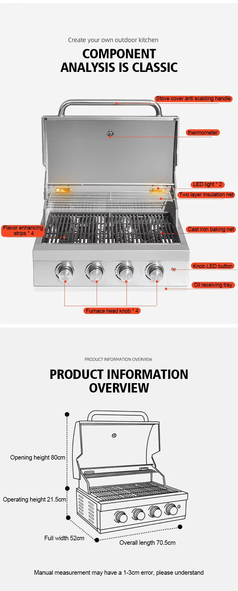 Gas BBQ Grill - Built-in - 4 tube burners