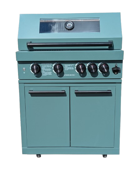 Green freestanding 5-burner gas grill, front view with the lid closed and viewing window