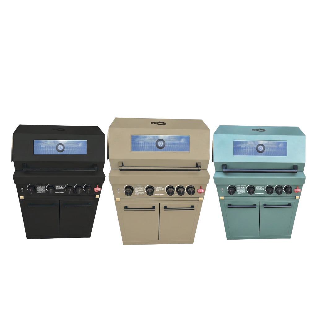 Red Dragon built-in gas grill shown in black, sandy beige and teal green finishes