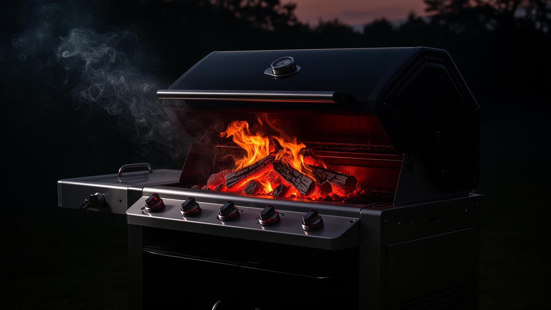 Premium Red Dragon BBQ grill with glowing flames at dusk