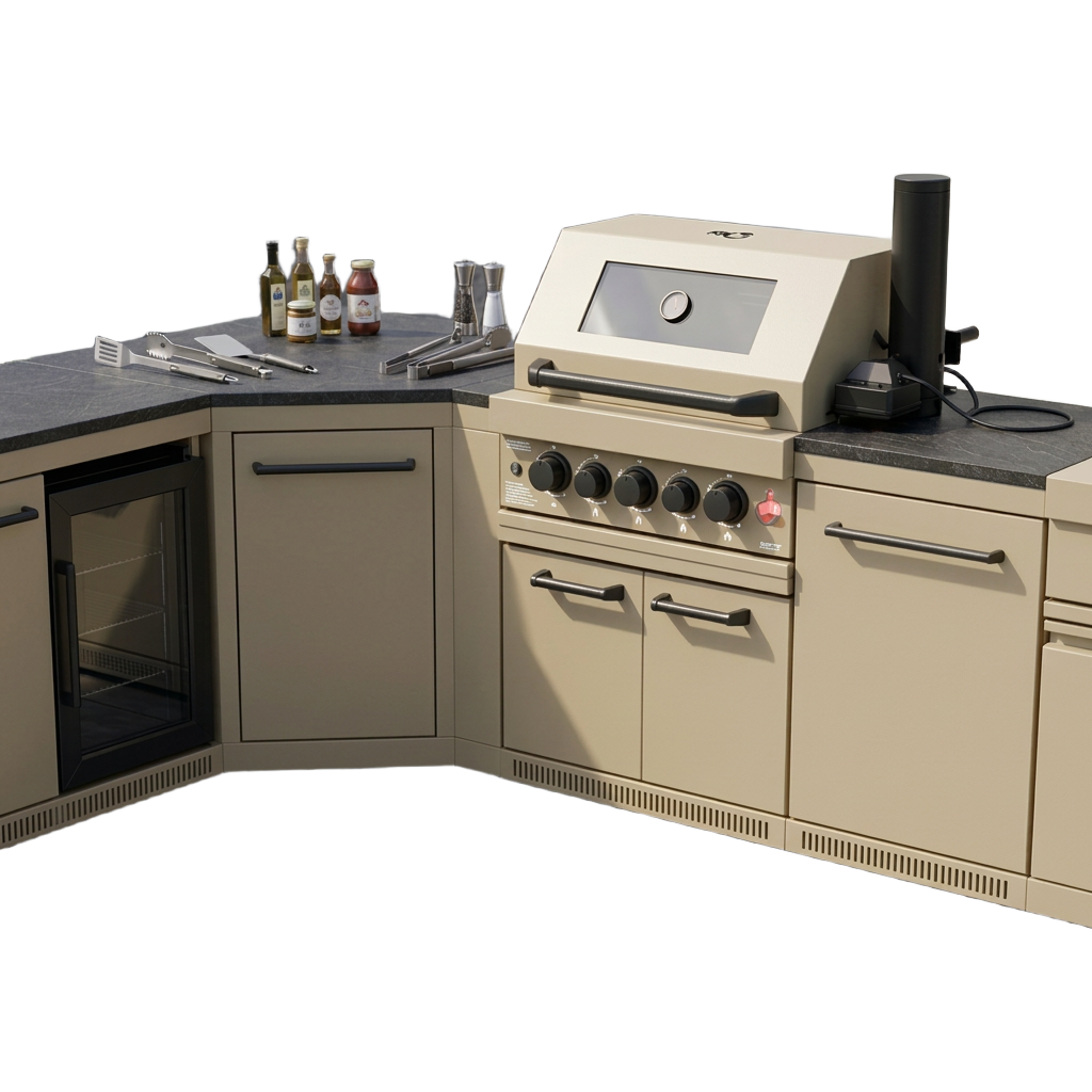 Red Dragon sandy-finish corner outdoor kitchen with built-in grill, mini fridge and cabinets